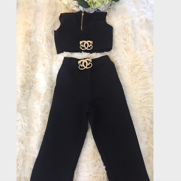 CO-ORD 2 PIECE SET BLACK BANDAGE CROP TOP & PANT - Picture 3 of 12